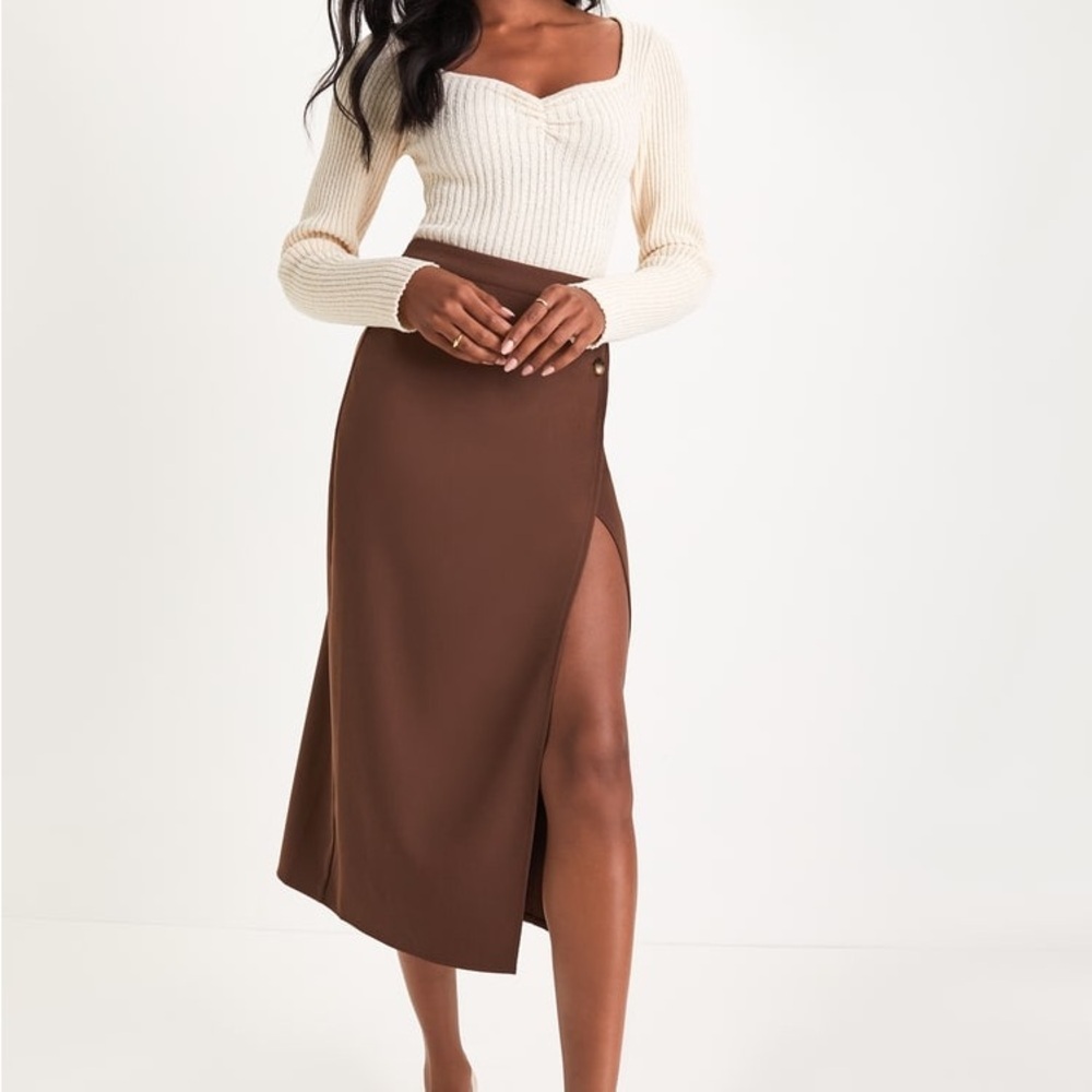 NWT Lulus Perfect Sophistication Brown Twill Button Wrap Midi Skirt
